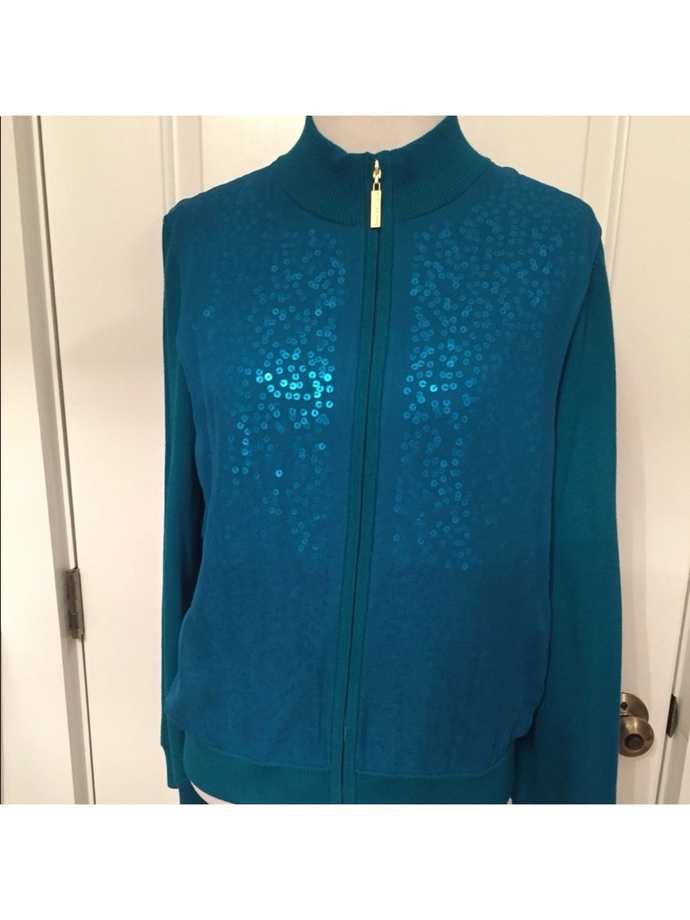 ST. JOHN SWEATER CARDIGAN TURQUOISE BLUE KNIT ZIP JACKET SEQUINS ZIPPER Size S